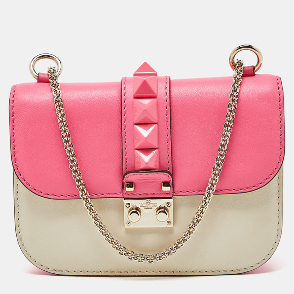 Valentino Handbags - VALENTINO Pink/Cream Leather Small Rockstud Glam Lock Flap Bag